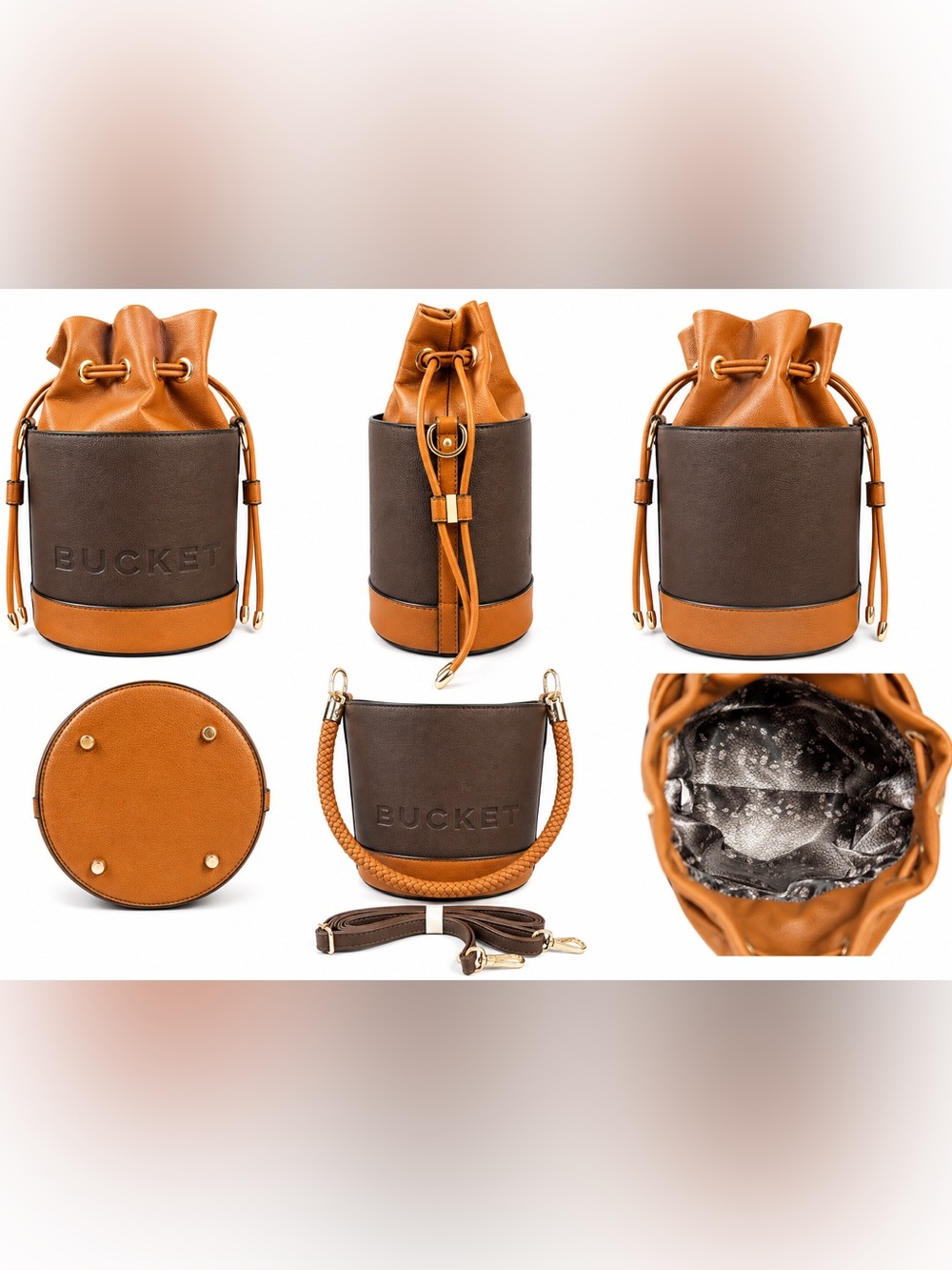 Bucket Drawstring Crossbody Bag in Brown & Tan